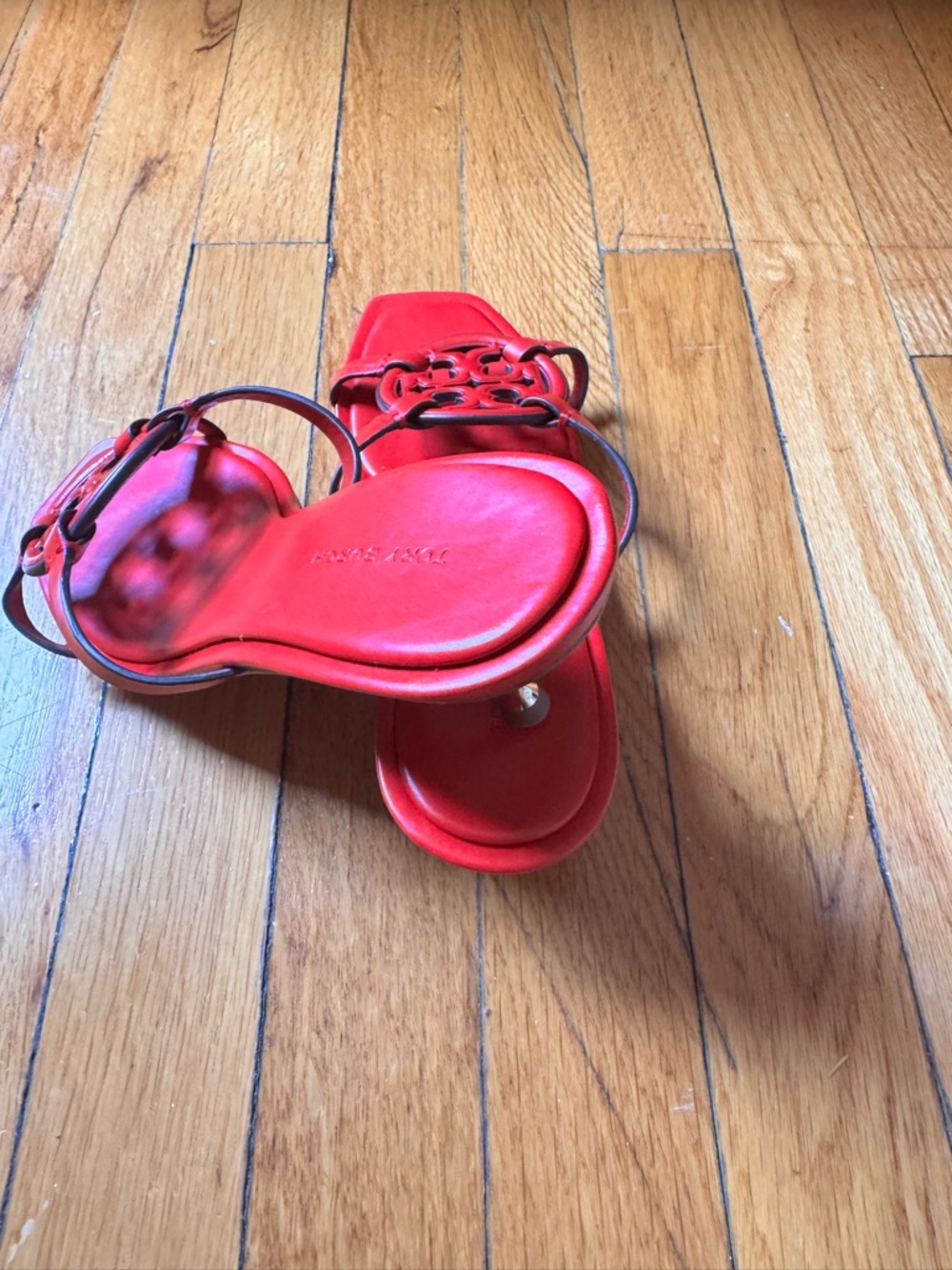 Tory Burch Red Leather Logo Slide Heels - Picture 3 of 6